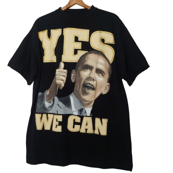 Barack Obama Yes We Can Mens XL T Shirt Black Graphic Gold Glitter USA President - Picture 2 of 8
